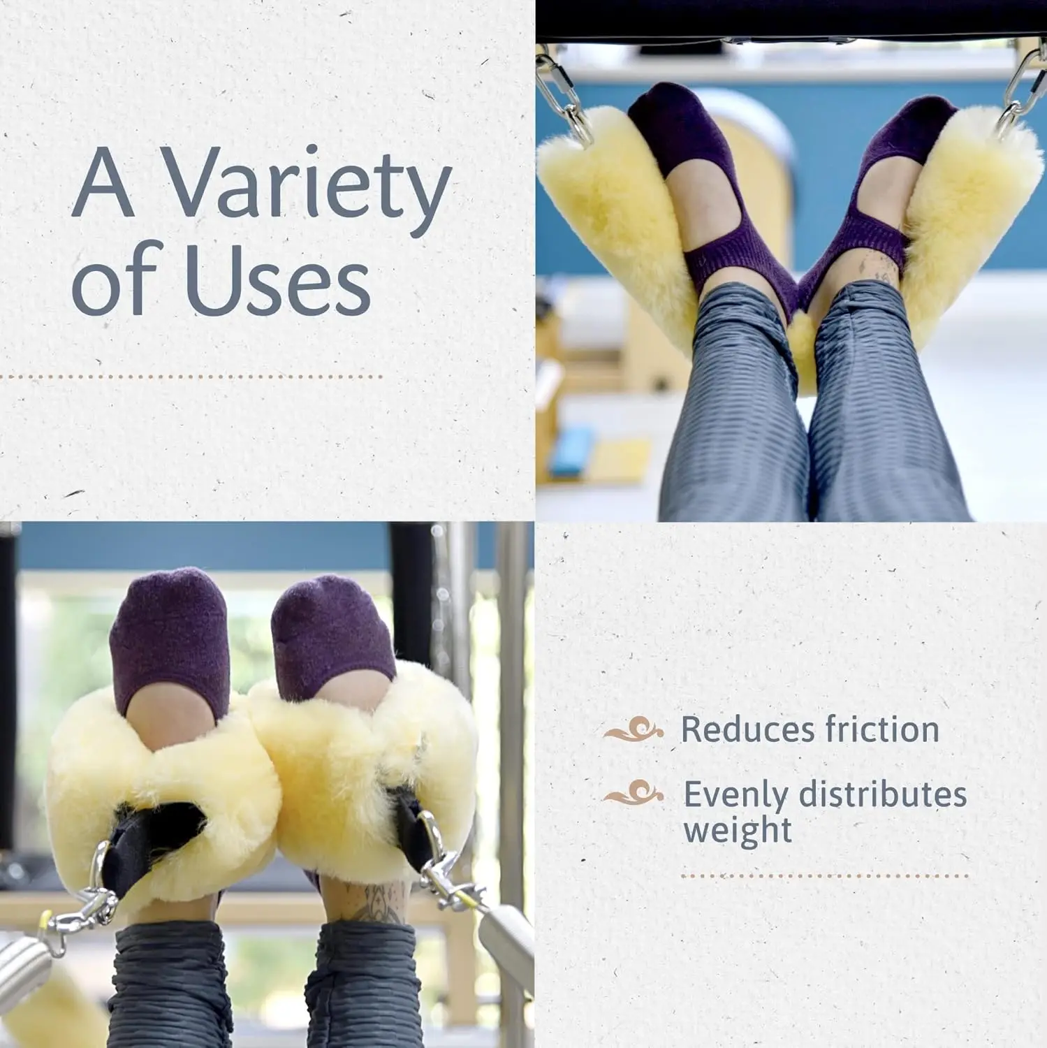 These sheepskin fuzzies add comfort to your Pilates reformer workout while protecting your hands and ankles from friction.