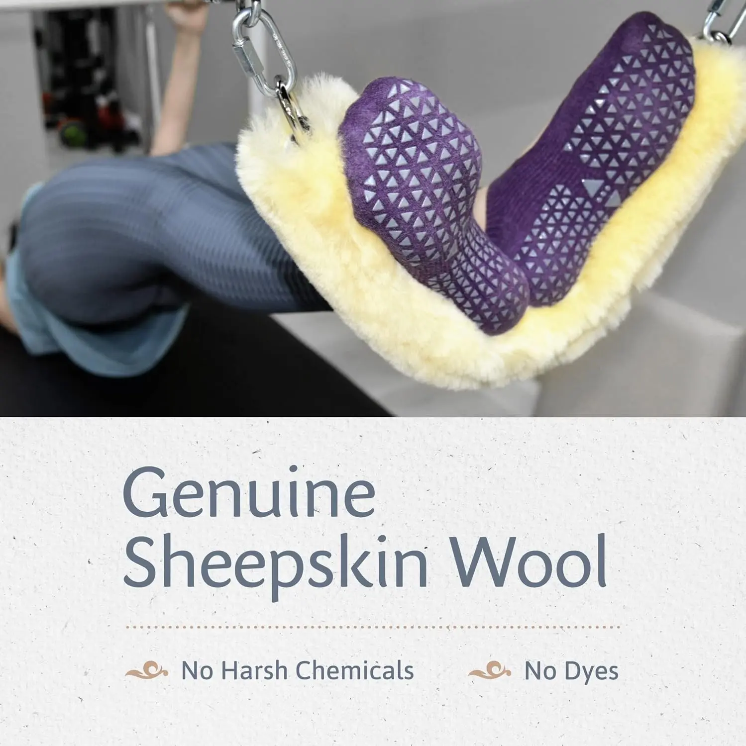 These sheepskin fuzzies add comfort to your Pilates reformer workout while protecting your hands and ankles from friction.