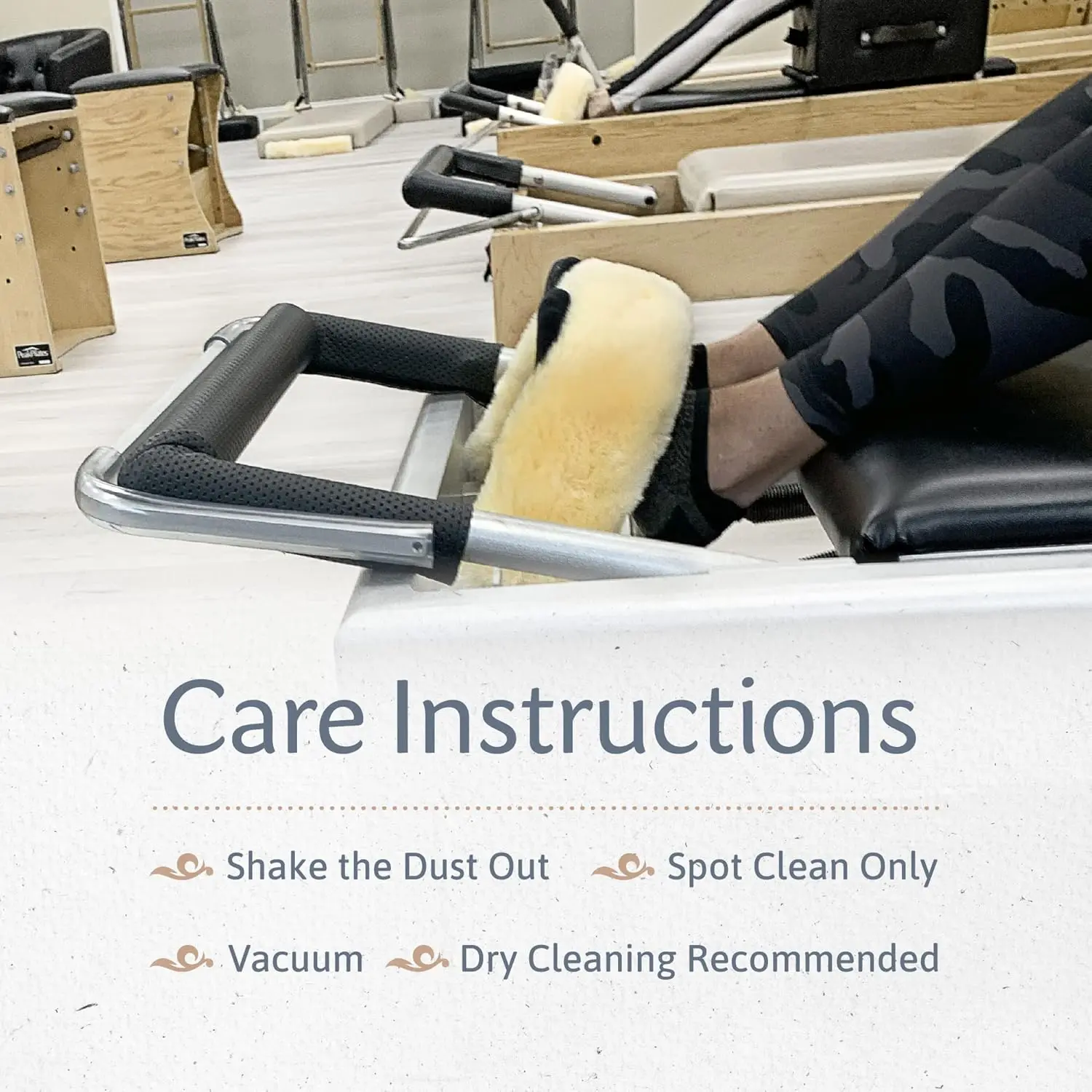 These sheepskin fuzzies add comfort to your Pilates reformer workout while protecting your hands and ankles from friction.