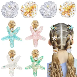 A set of eight mermaid hair clips featuring starfish, shells, pearls, and rhinestones, perfect for adding a touch of the sea to ladies and girls headwear.