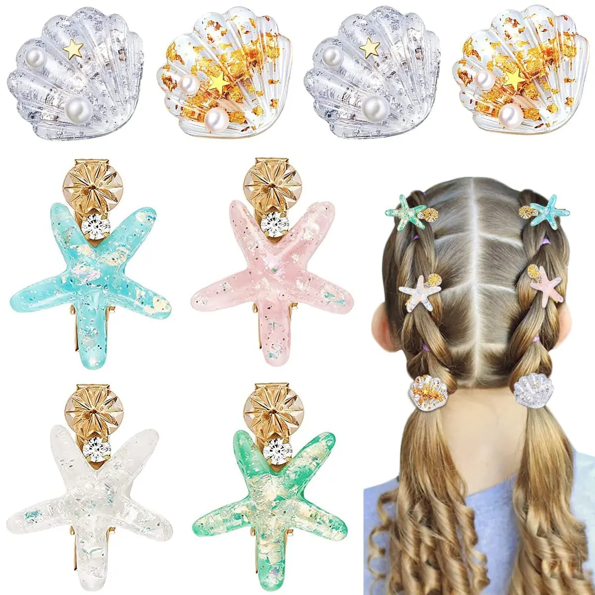 A set of eight mermaid hair clips featuring starfish, shells, pearls, and rhinestones, perfect for adding a touch of the sea to ladies and girls headwear.