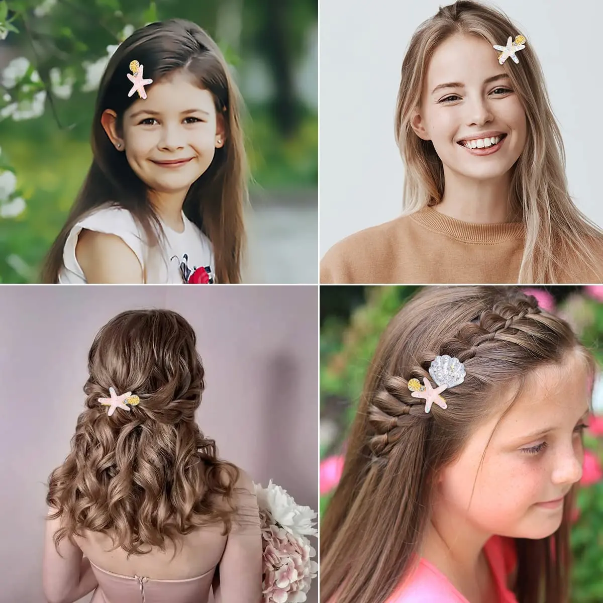 A set of eight mermaid hair clips featuring starfish, shells, pearls, and rhinestones, perfect for adding a touch of the sea to ladies and girls headwear.