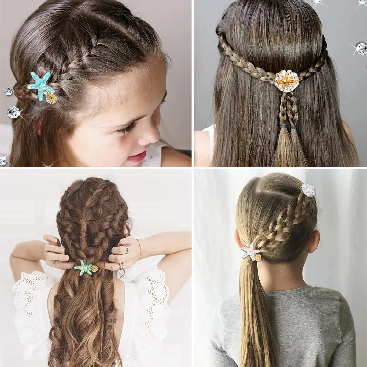 A set of eight mermaid hair clips featuring starfish, shells, pearls, and rhinestones, perfect for adding a touch of the sea to ladies and girls headwear.