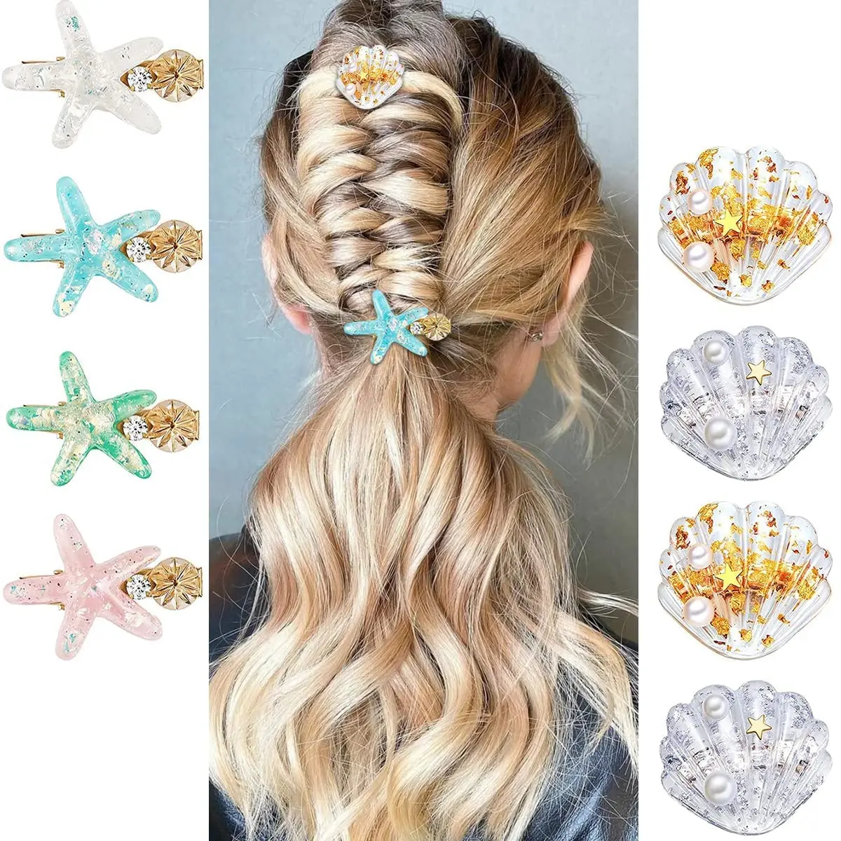 A set of eight mermaid hair clips featuring starfish, shells, pearls, and rhinestones, perfect for adding a touch of the sea to ladies and girls headwear.