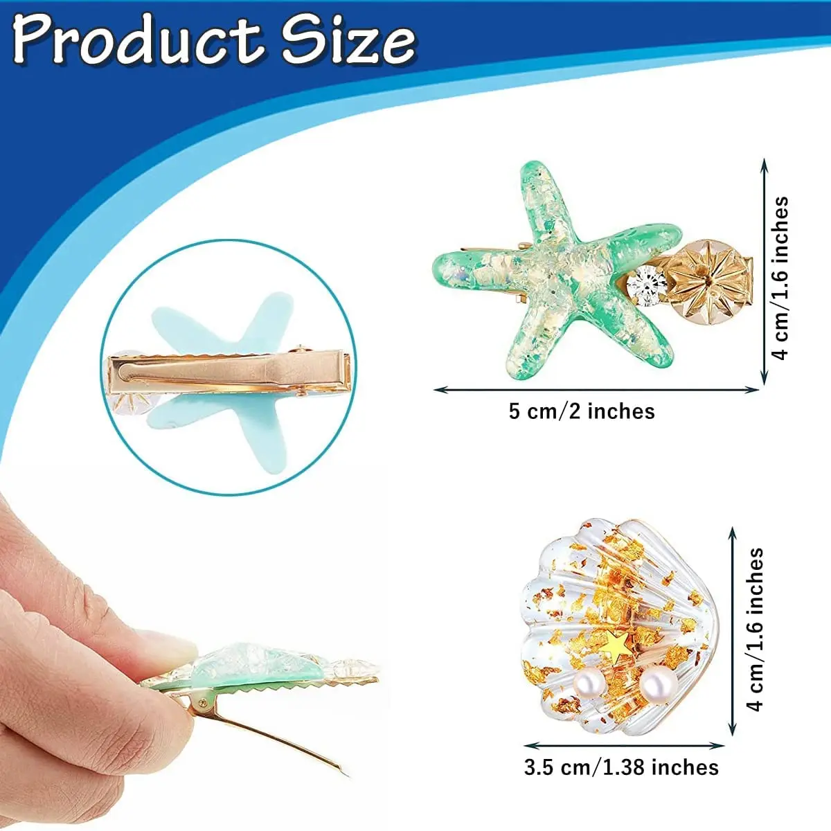 A set of eight mermaid hair clips featuring starfish, shells, pearls, and rhinestones, perfect for adding a touch of the sea to ladies and girls headwear.
