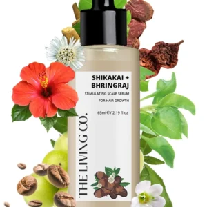 The Living Co. hair serum with shikakai and bhringraj extracts stimulates the scalp, strengthens hair, adds shine, promotes growth, controls dandruff, and prevents premature graying with pea protein, amla, and neem.