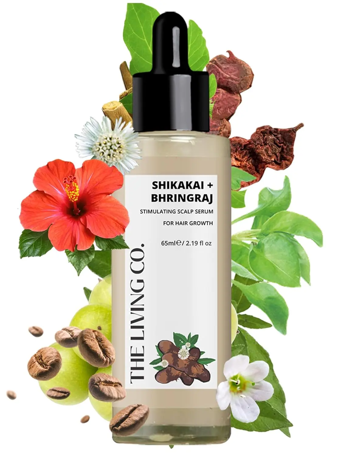 The Living Co. hair serum with shikakai and bhringraj extracts stimulates the scalp, strengthens hair, adds shine, promotes growth, controls dandruff, and prevents premature graying with pea protein, amla, and neem.