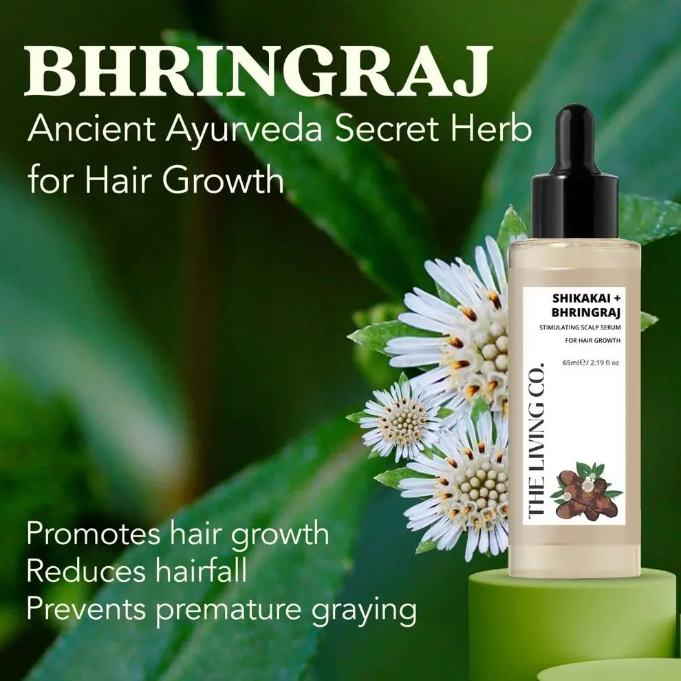 The Living Co. hair serum with shikakai and bhringraj extracts stimulates the scalp, strengthens hair, adds shine, promotes growth, controls dandruff, and prevents premature graying with pea protein, amla, and neem.