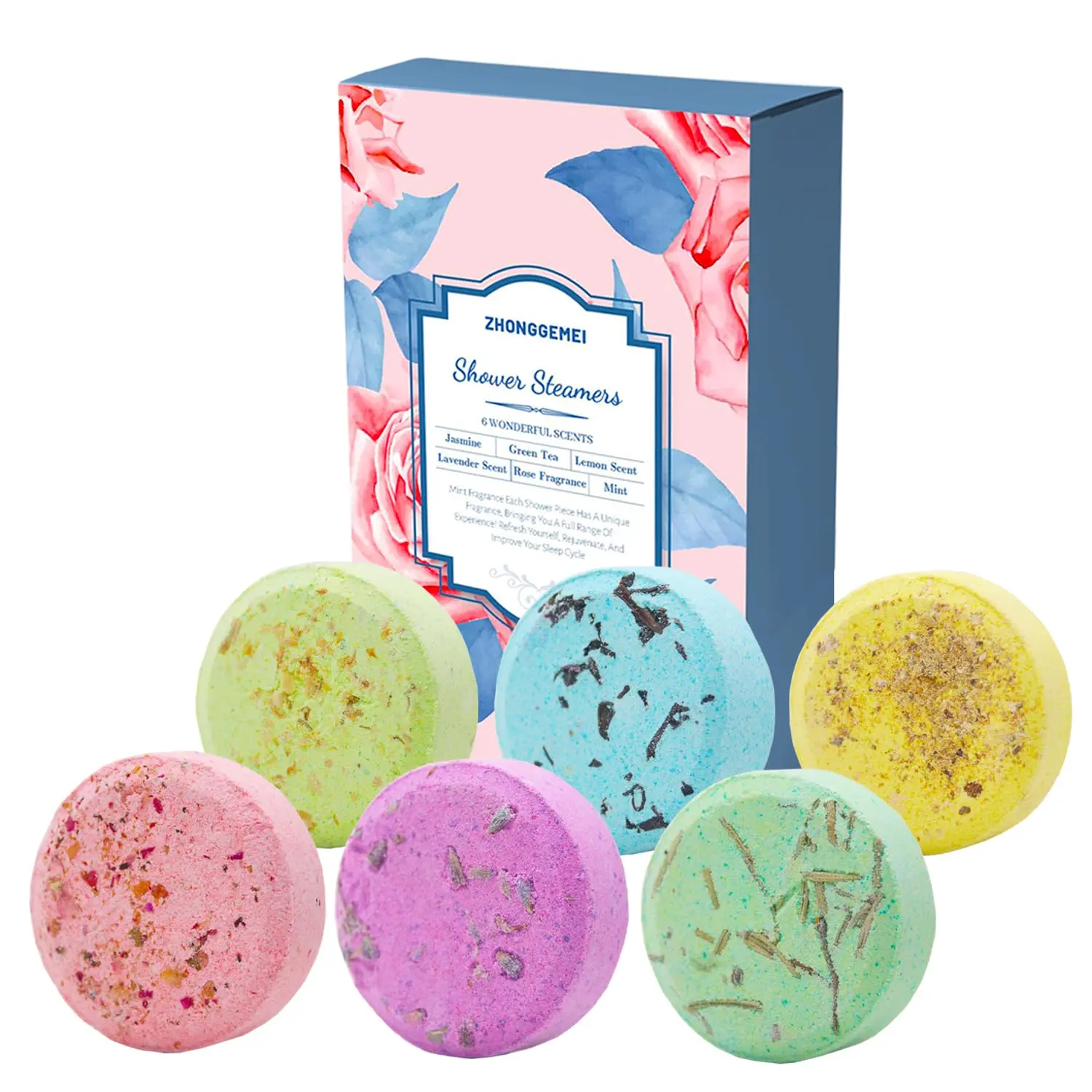 This aromatherapy shower steamer gift set contains six fragrant tablets made with organic plant extracts for a relaxing spa experience.