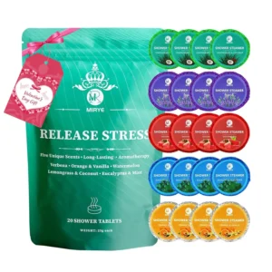 A beautifully packaged 20-pack aromatherapy shower steamers gift set with a variety of essential oil scents like Verbena, Orange & Vanilla, Watermelon, Lemongrass & Coconut, and Eucalyptus & Mint.