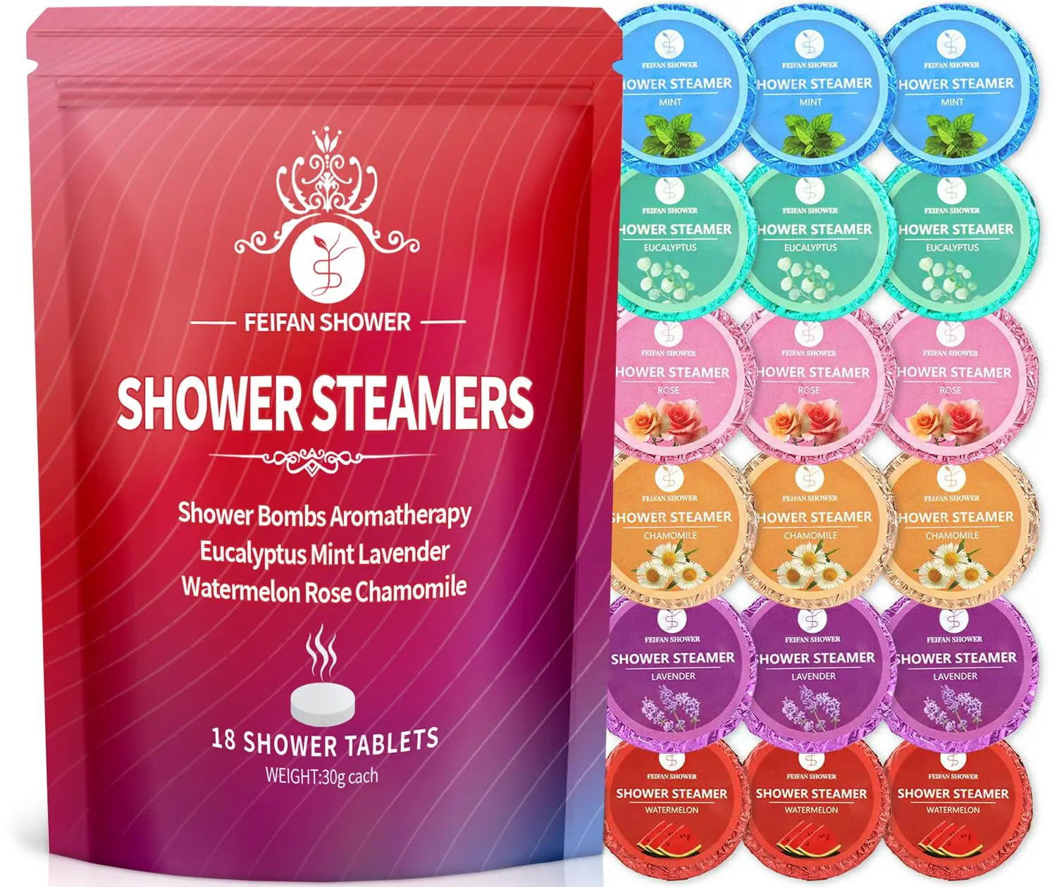 This aromatherapy shower steamer set includes 18 organic shower bombs with essential oils like eucalyptus, mint, rose, lavender, chamomile, and watermelon, perfect for relaxation and gifting.
