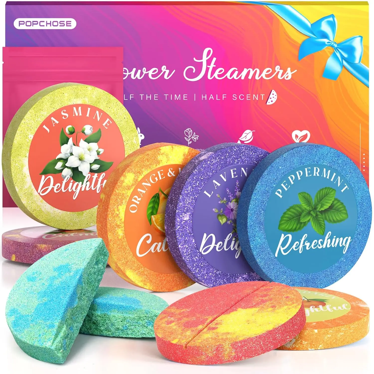 POPCHOSE aromatherapy shower steamers are relaxing self care gifts for women, moms, and friends, offering a spa-like experience at home with natural essential oils.