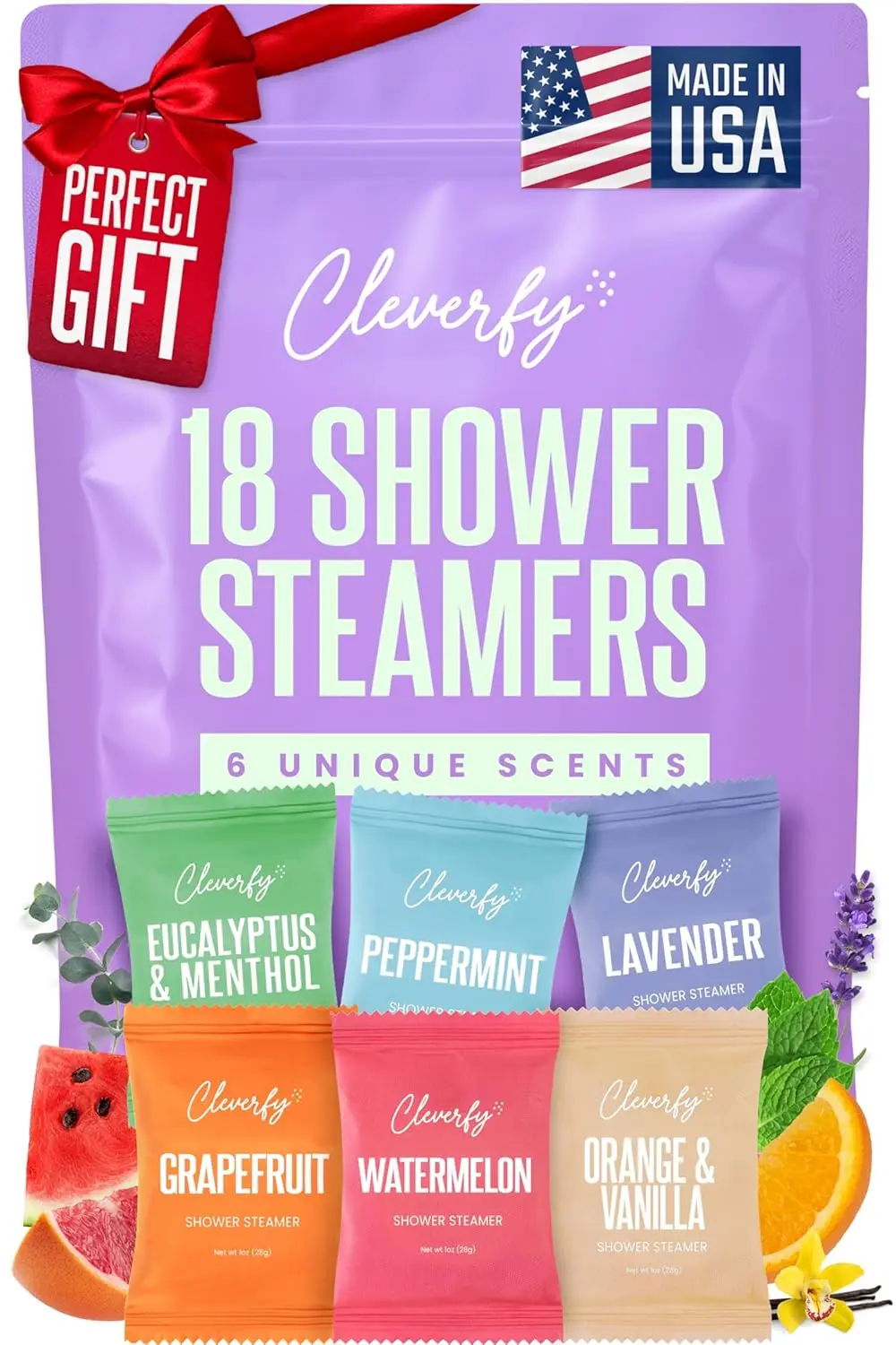 This set of 18 shower steamers offers a home spa aromatherapy experience with six different essential oil-infused scents for relaxation and energy.