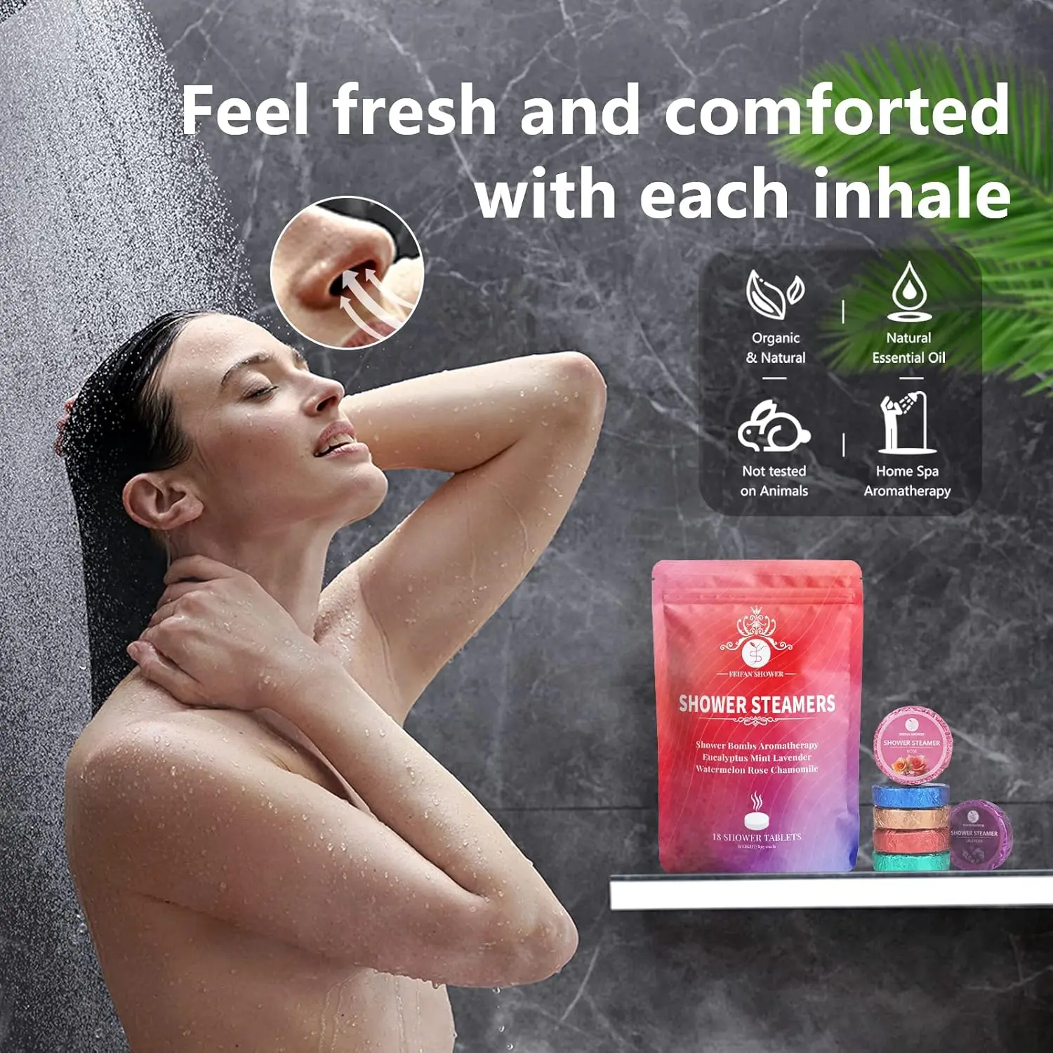 This aromatherapy shower steamer set includes 18 organic shower bombs with essential oils like eucalyptus, mint, rose, lavender, chamomile, and watermelon, perfect for relaxation and gifting.