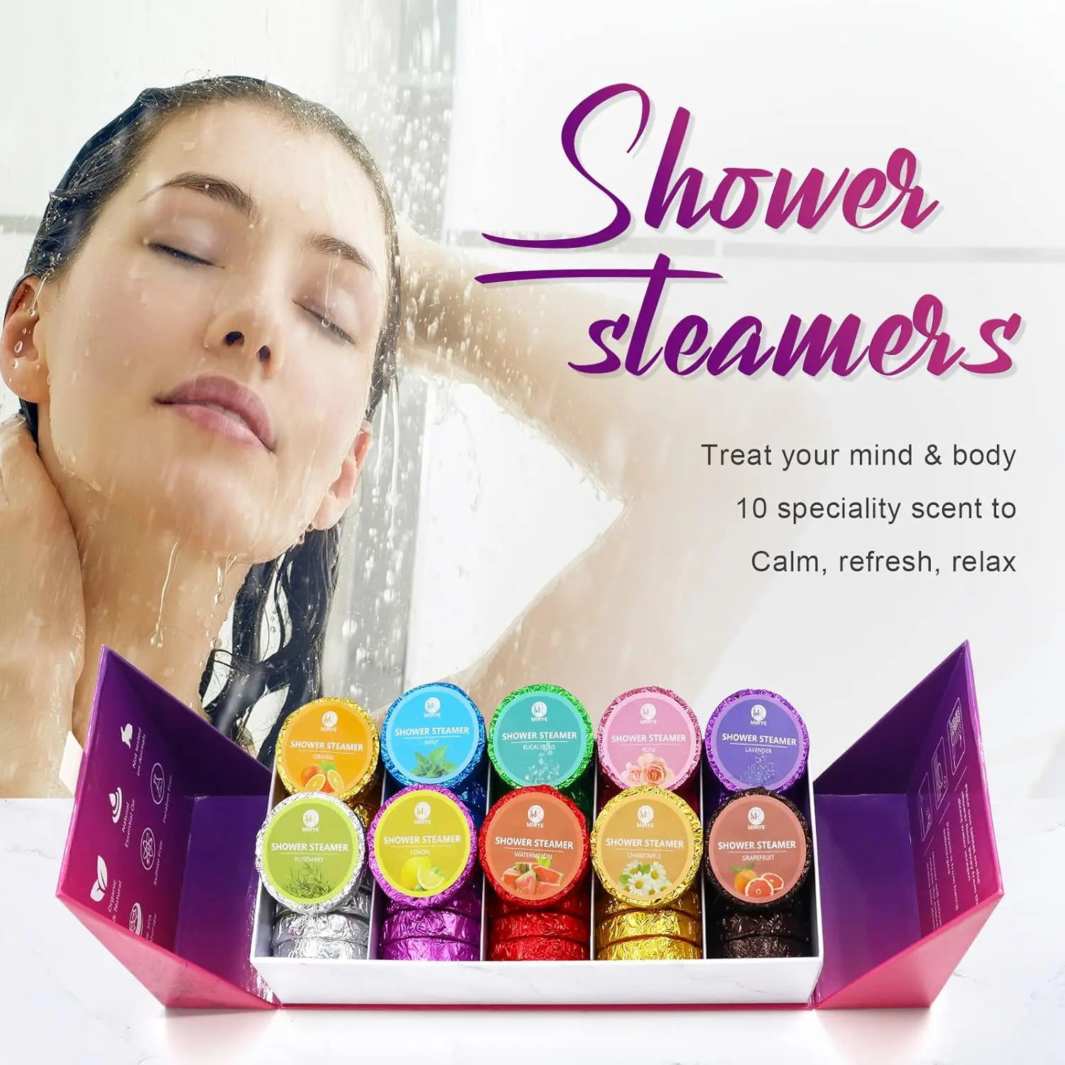 This aromatherapy shower steamers gift set includes 40 individually wrapped shower bombs in 10 unique essential oil scents to help you relax and relieve stress.
