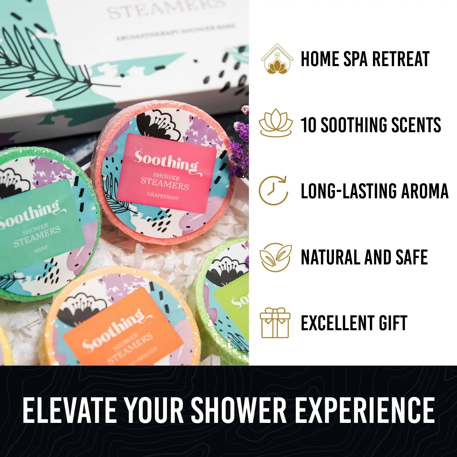 This aromatherapy shower steamers set includes ten shower bombs with essential oils for a relaxing at-home spa experience.