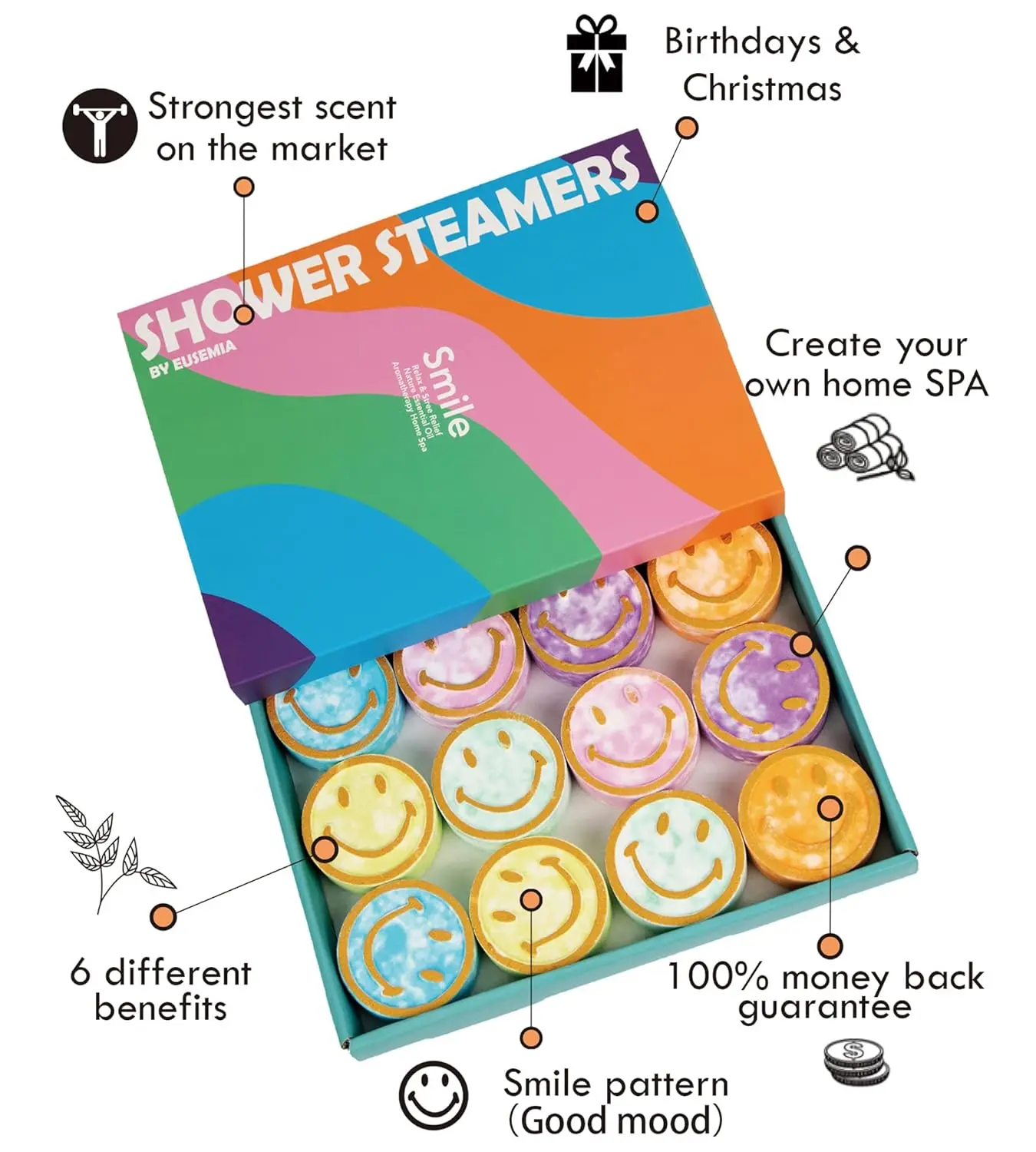 This set of twelve aromatherapy shower steamers for women includes a variety of scents like lavender, lemon, vanilla, rosemary, ocean, and rose, beautifully gift-packed for stress relief and aromatherapy.