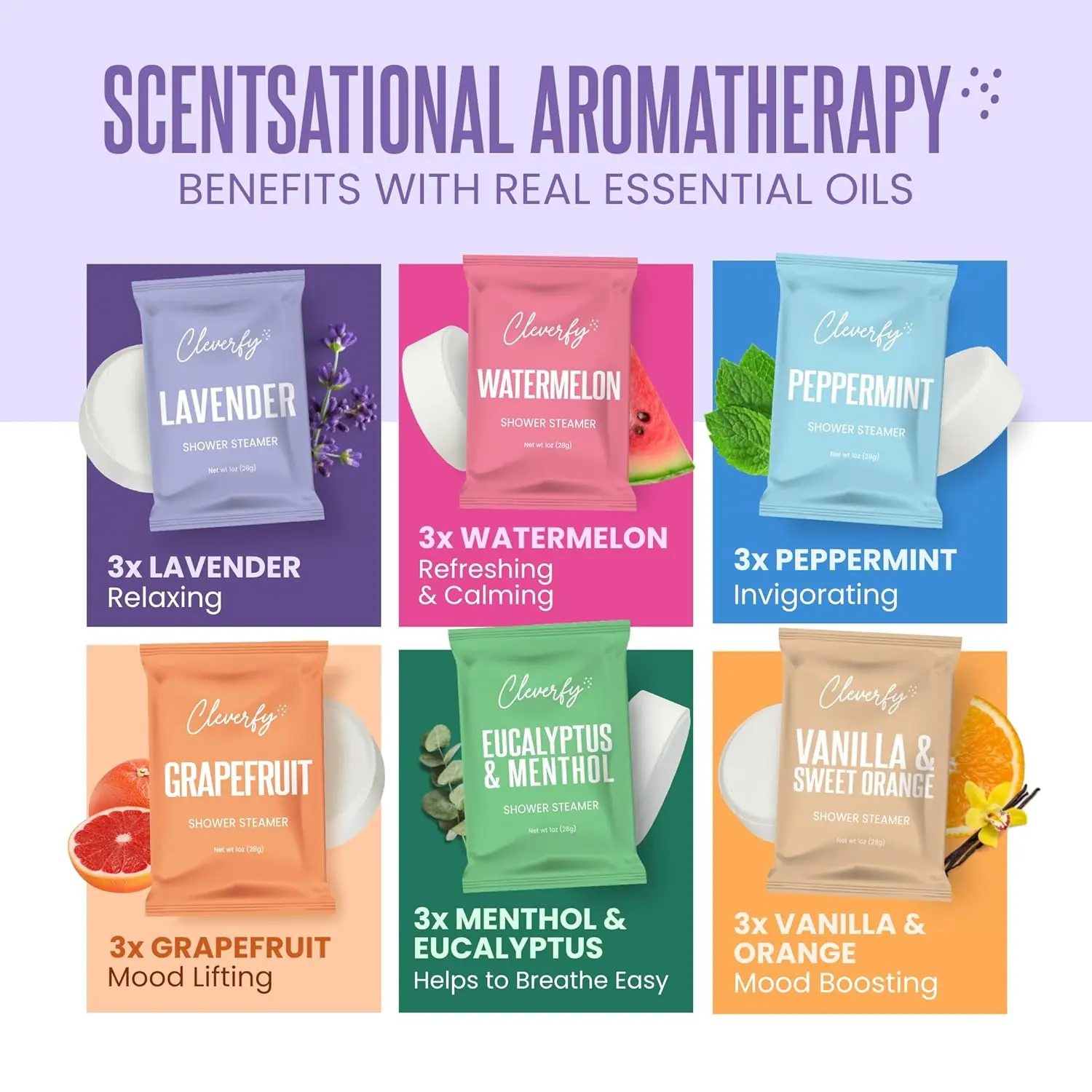 This set of 18 shower steamers offers a home spa aromatherapy experience with six different essential oil-infused scents for relaxation and energy.