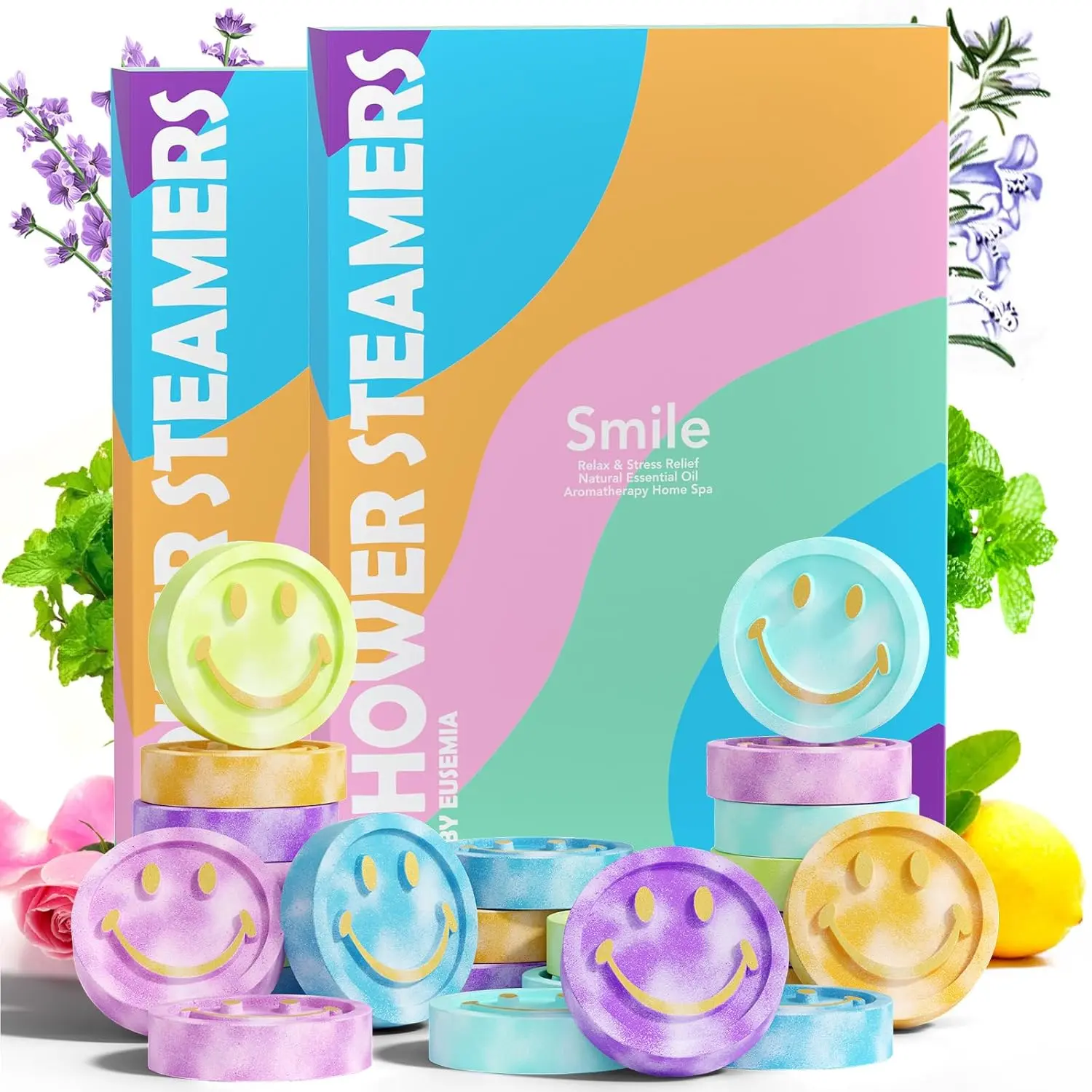 This set of twelve aromatherapy shower steamers for women includes a variety of scents like lavender, lemon, vanilla, rosemary, ocean, and rose, beautifully gift-packed for stress relief and aromatherapy.