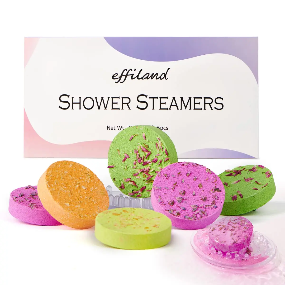 This aromatherapy shower steamer gift set includes six shower bombs with lavender, eucalyptus, mint, and orange scents, along with a soap saver for a relaxing self-care experience.