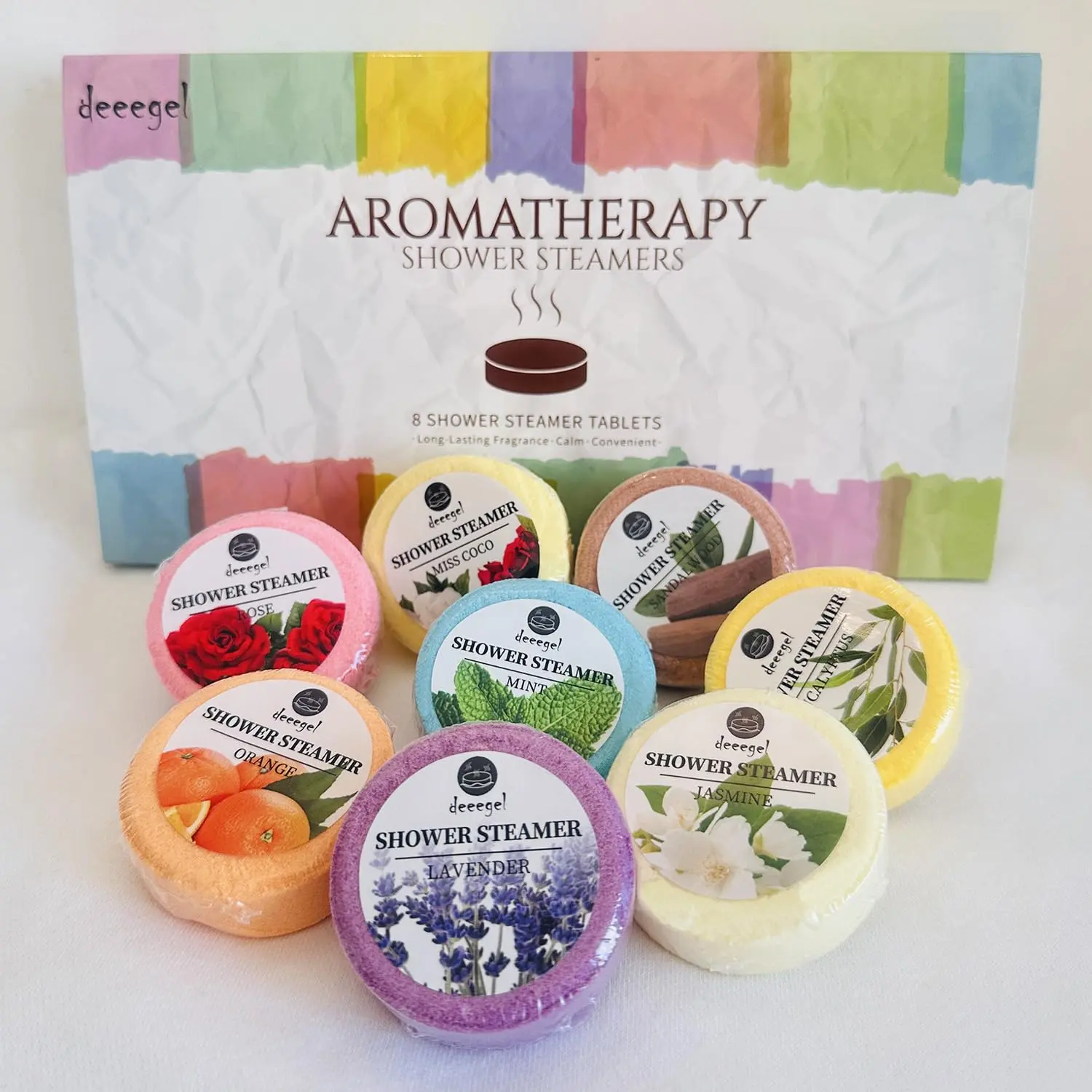 This aromatherapy shower steamer gift set includes eight bath bombs with essential oils for a relaxing home spa experience.