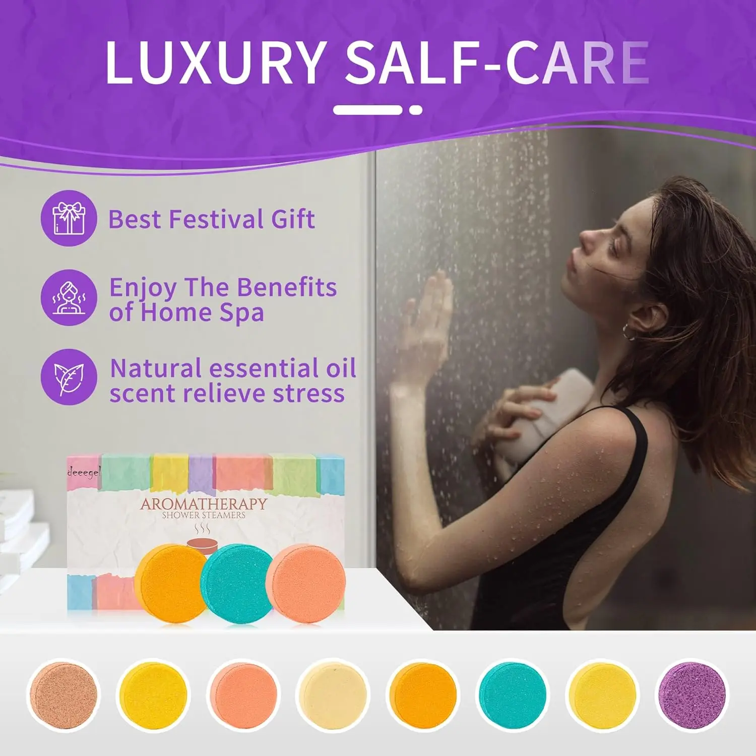 This aromatherapy shower steamer gift set includes eight bath bombs with essential oils for a relaxing home spa experience.