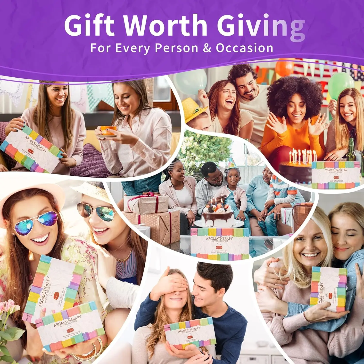 This aromatherapy shower steamer gift set includes eight bath bombs with essential oils for a relaxing home spa experience.