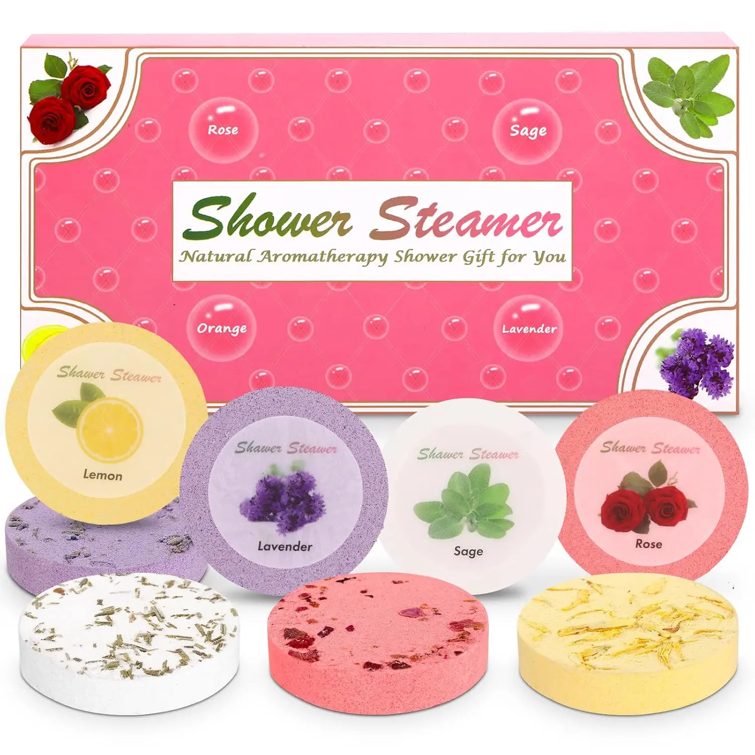 Jemyda 8 pack shower steamers with white sage, lemon, lavender, and rose scents for aromatherapy and relaxation.