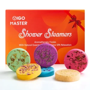 Six aromatherapy shower steamers with essential oils for stress and anxiety relief are beautifully packaged as the perfect spa gift set for women.