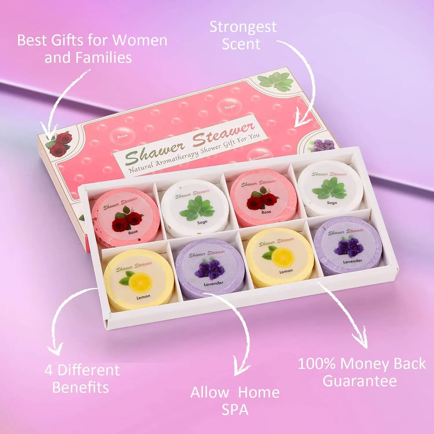 Jemyda 8 pack shower steamers with white sage, lemon, lavender, and rose scents for aromatherapy and relaxation.