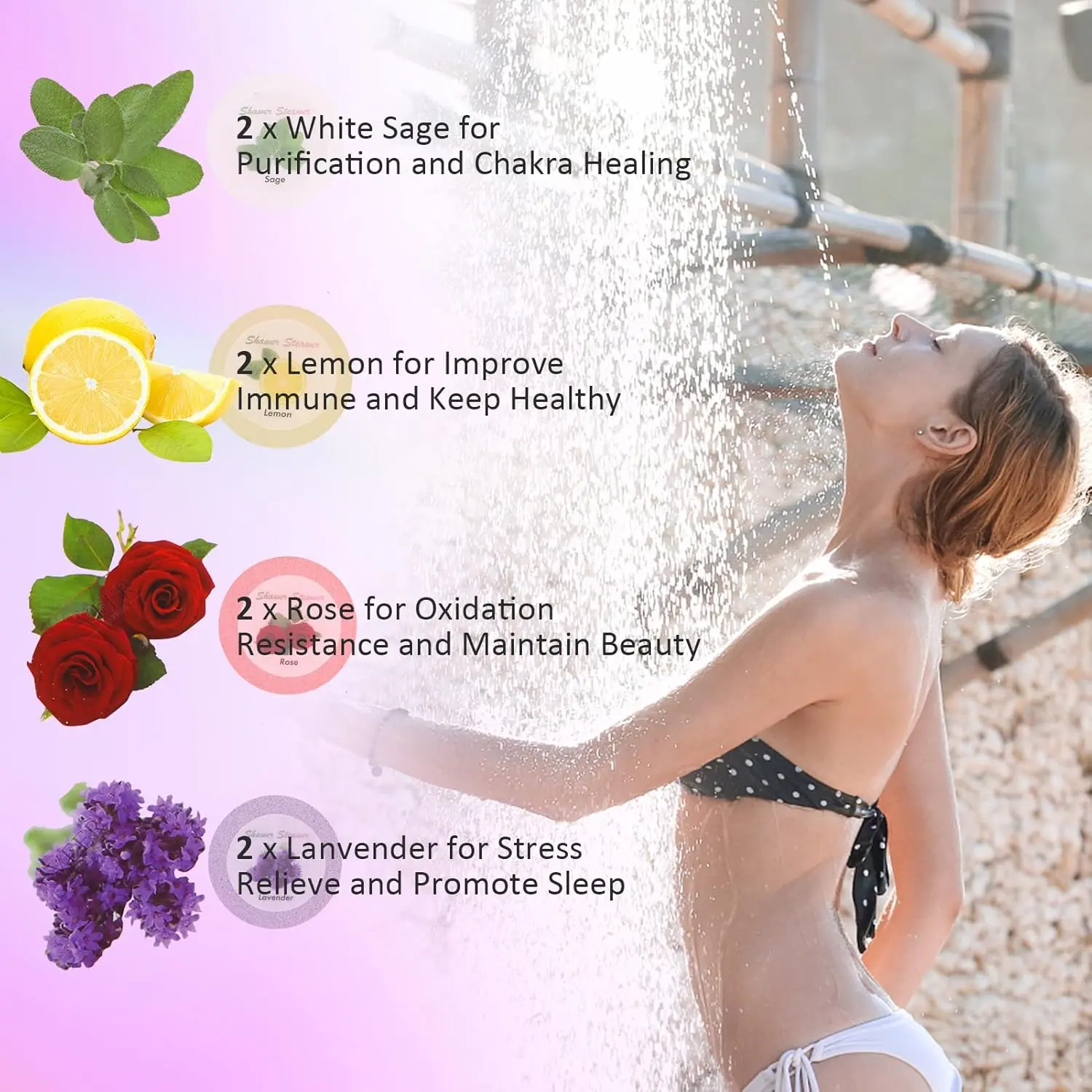 Jemyda 8 pack shower steamers with white sage, lemon, lavender, and rose scents for aromatherapy and relaxation.