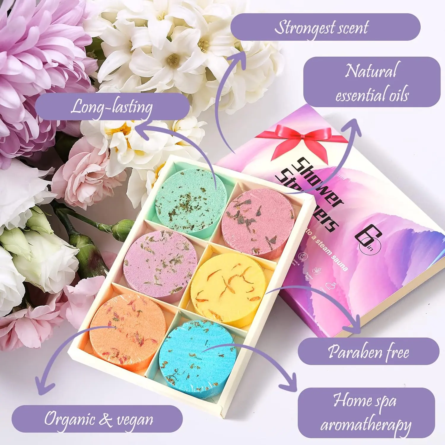 This aromatherapy shower steamer set offers a relaxing spa experience with essential oils like eucalyptus, perfect as a self-care gift for women and men.