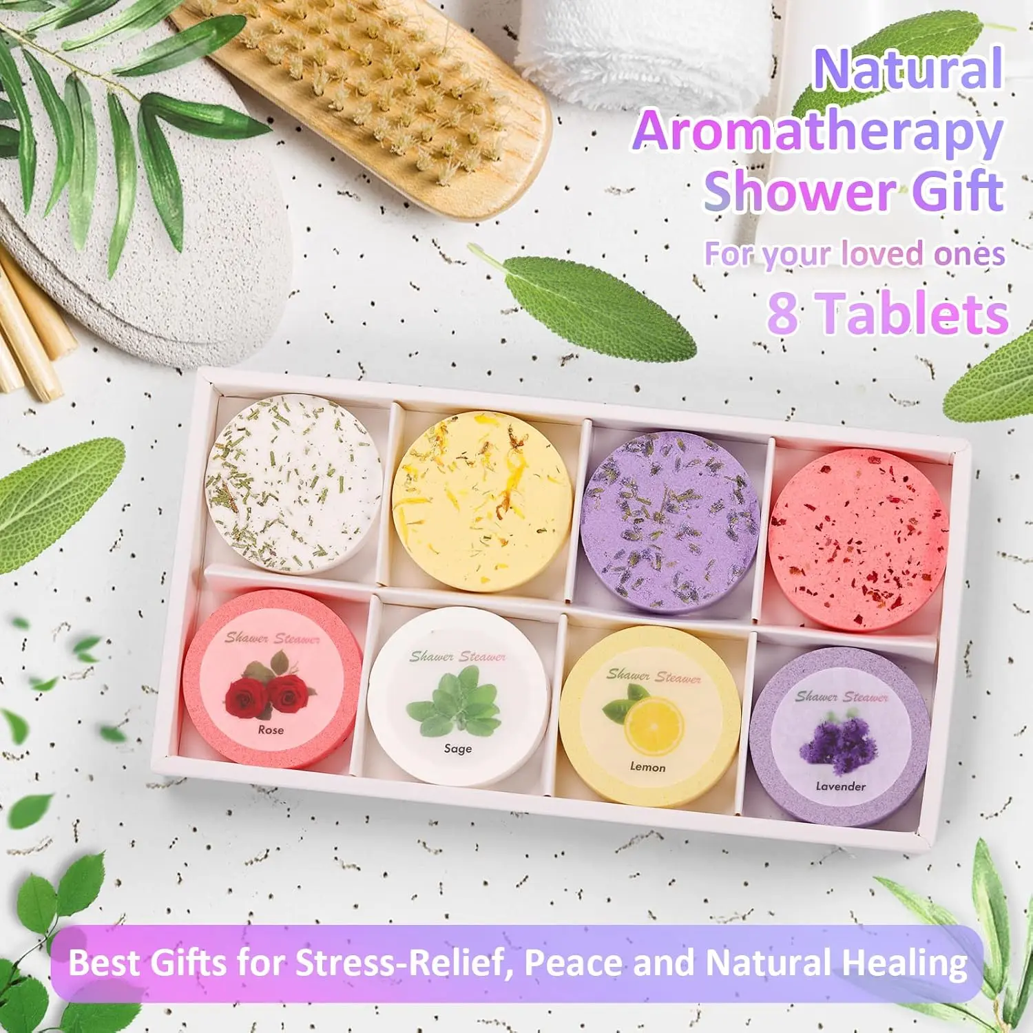 Jemyda 8 pack shower steamers with white sage, lemon, lavender, and rose scents for aromatherapy and relaxation.