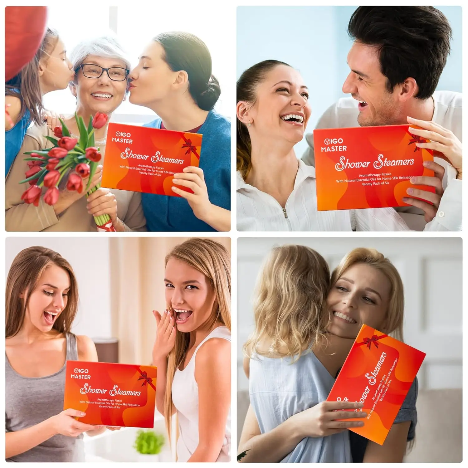 Six aromatherapy shower steamers with essential oils for stress and anxiety relief are beautifully packaged as the perfect spa gift set for women.