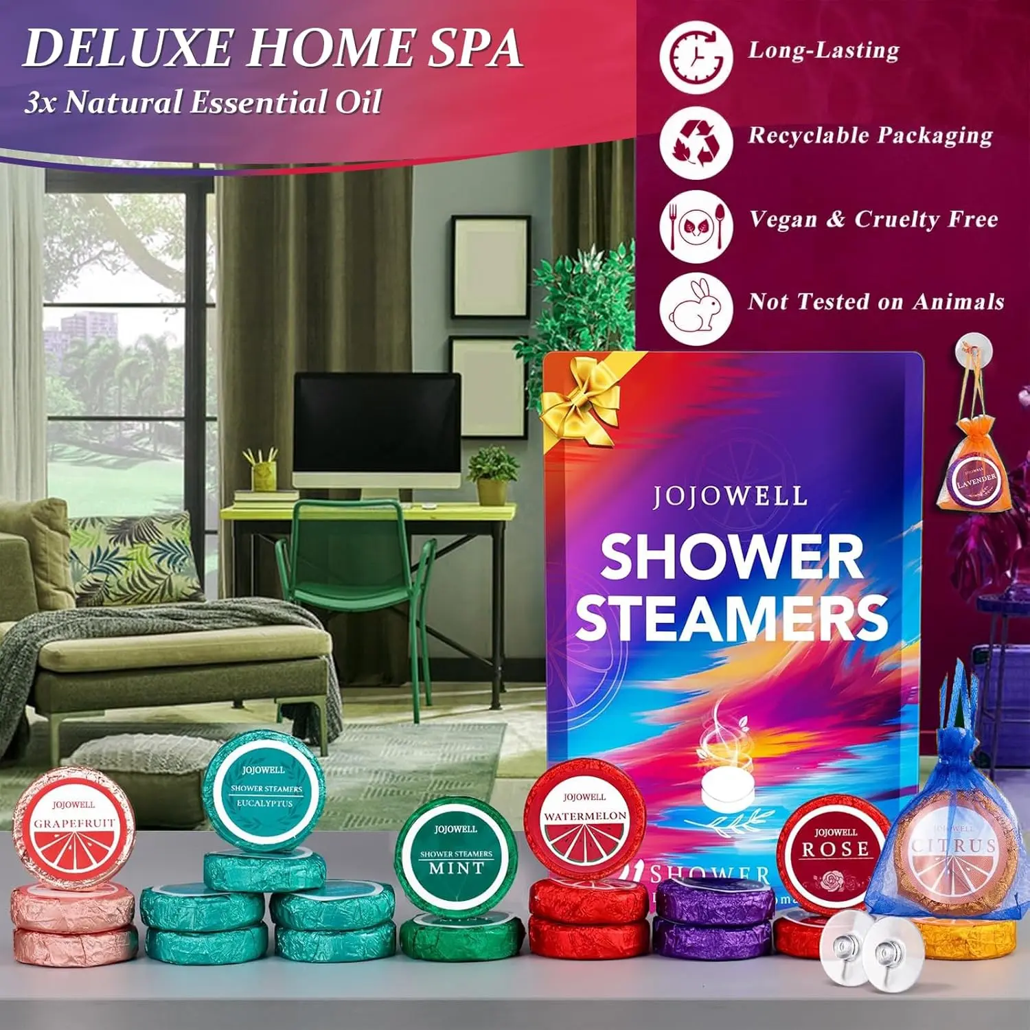 Indulge in a luxurious home spa experience with JoJowell aromatherapy shower steamers, infused with natural essential oils for relaxation and stress relief, the perfect self-care gift for women.