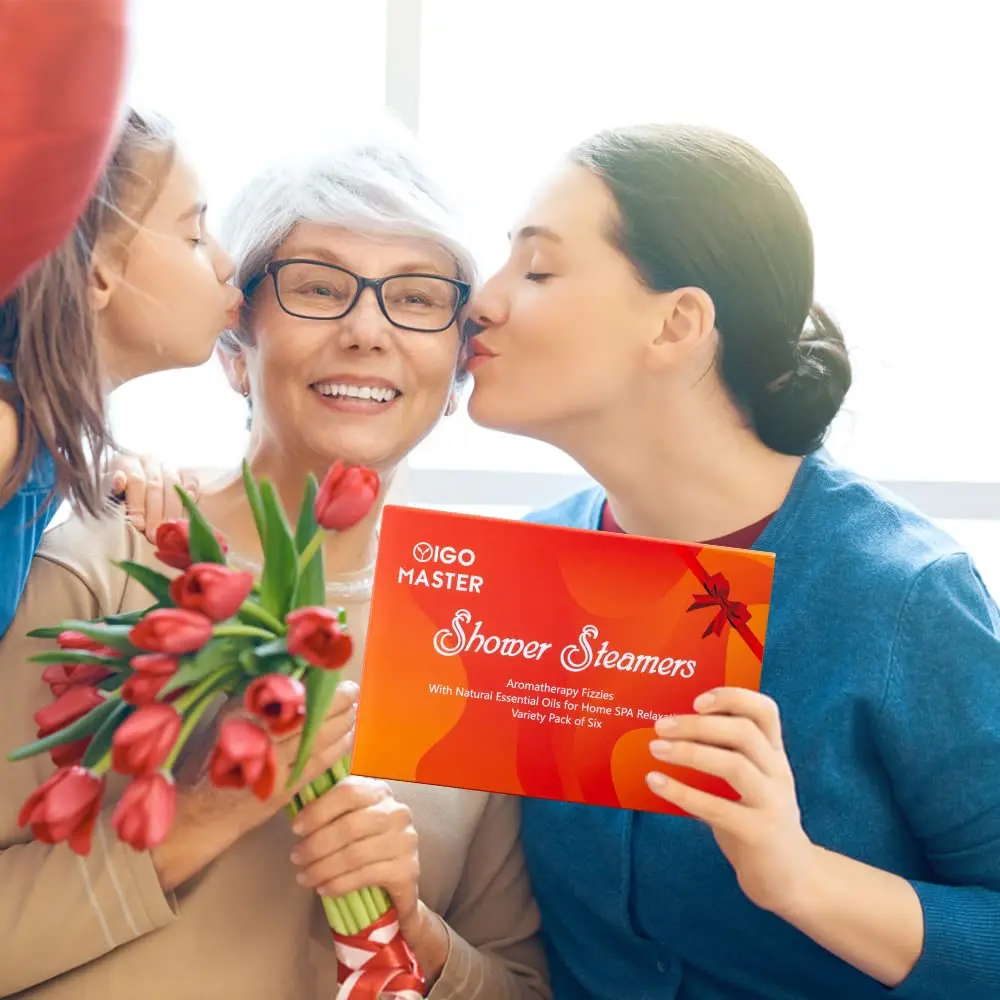 Six aromatherapy shower steamers with essential oils for stress and anxiety relief are beautifully packaged as the perfect spa gift set for women.