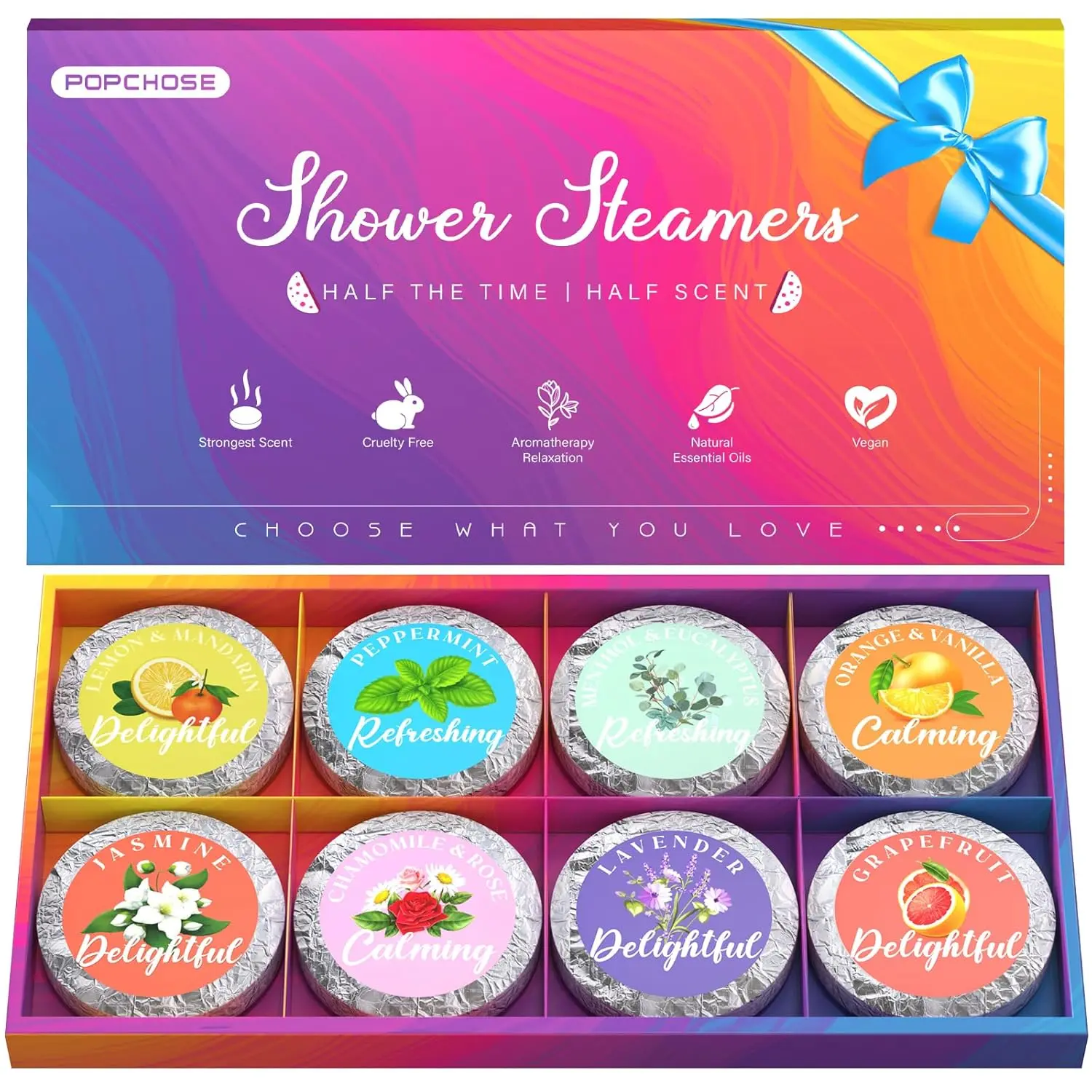 Eight scented shower steamers aromatherapy tablets in gift packaging provide a relaxing home spa experience, perfect gifts for women, mom, wife, or valentines day.