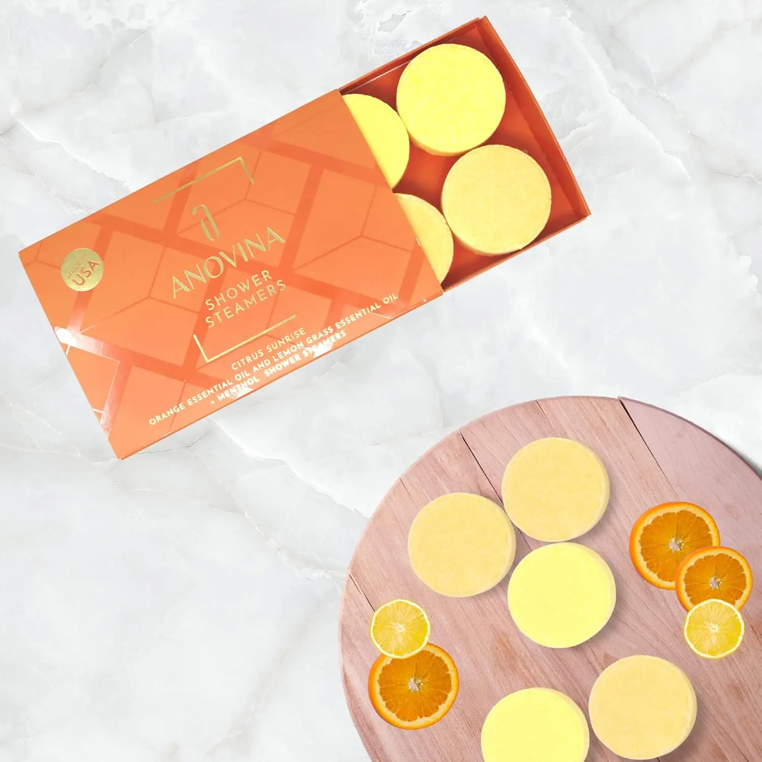 Anovina citrus shower steamers with orange and lemongrass essential oils provide aromatherapy for a refreshing shower experience, ideal self care gifts for men and women.