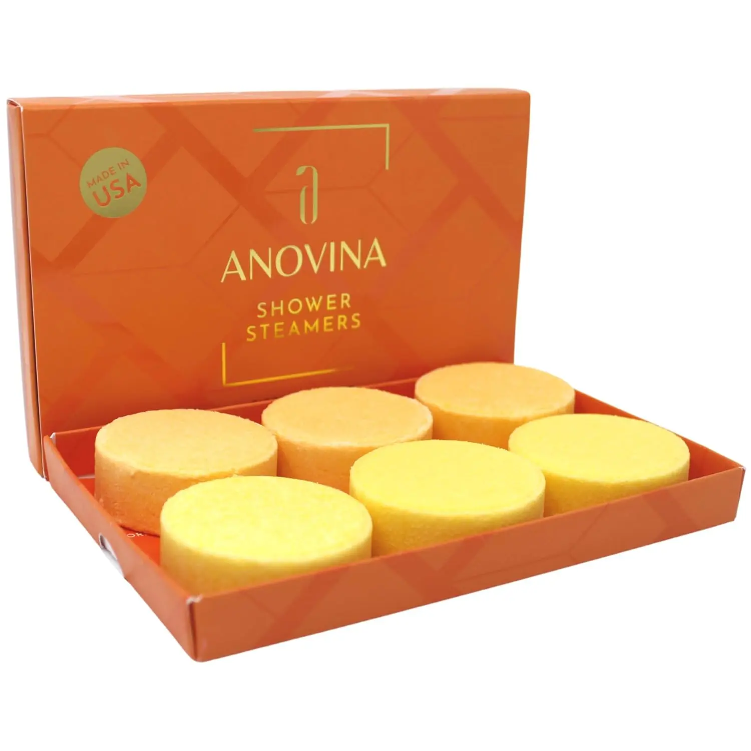 Anovina citrus shower steamers with orange and lemongrass essential oils provide aromatherapy for a refreshing shower experience, ideal self care gifts for men and women.