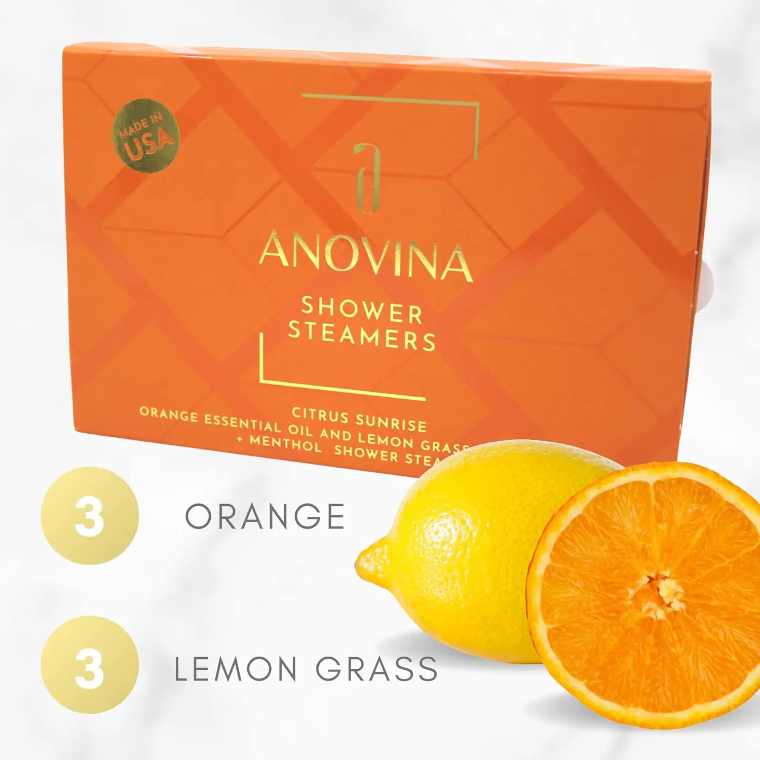 Anovina citrus shower steamers with orange and lemongrass essential oils provide aromatherapy for a refreshing shower experience, ideal self care gifts for men and women.