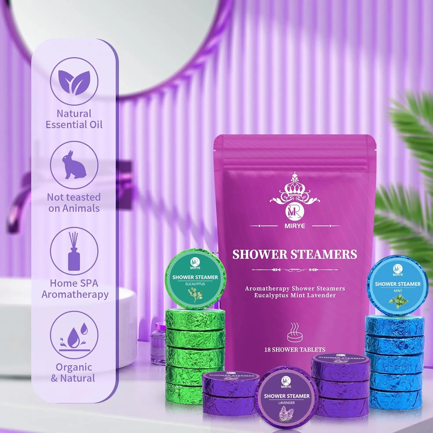This 18-pack of shower steamers offers an aromatherapy spa experience with natural eucalyptus, lavender, and peppermint essential oils for relaxation and stress relief.