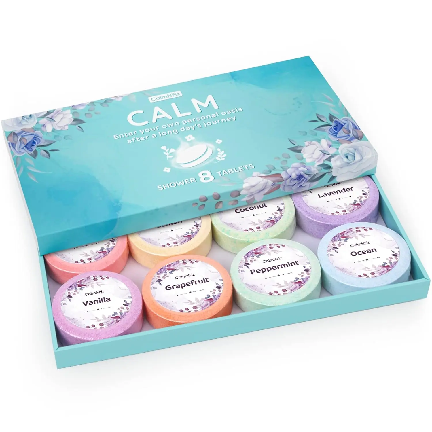 Aromatherapy shower steamers gift set provides relaxation with calming fragrances in a beautifully packaged box.
