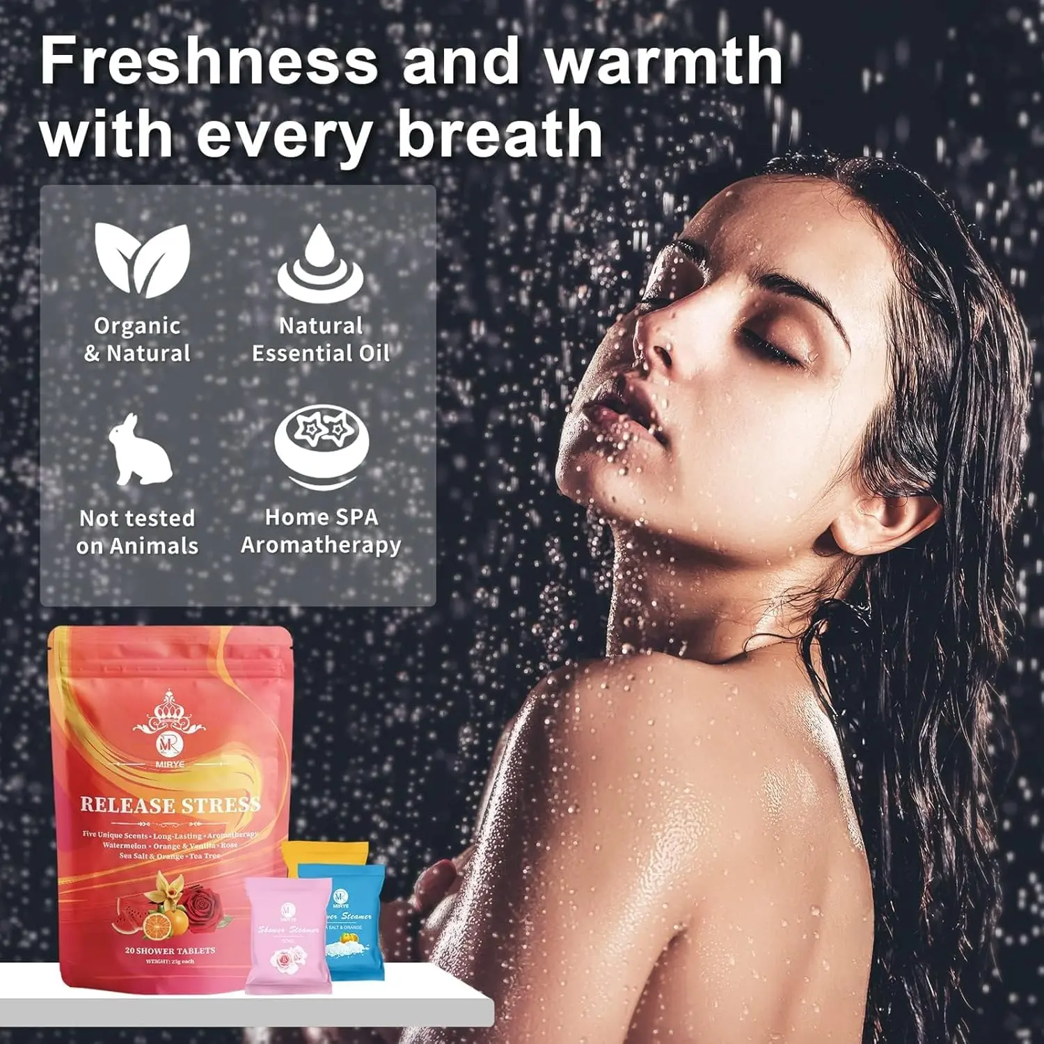 This image shows a set of 20 individually wrapped shower steamers with various scents like orange vanilla and tea tree, perfect as a women's birthday gift for aromatherapy.