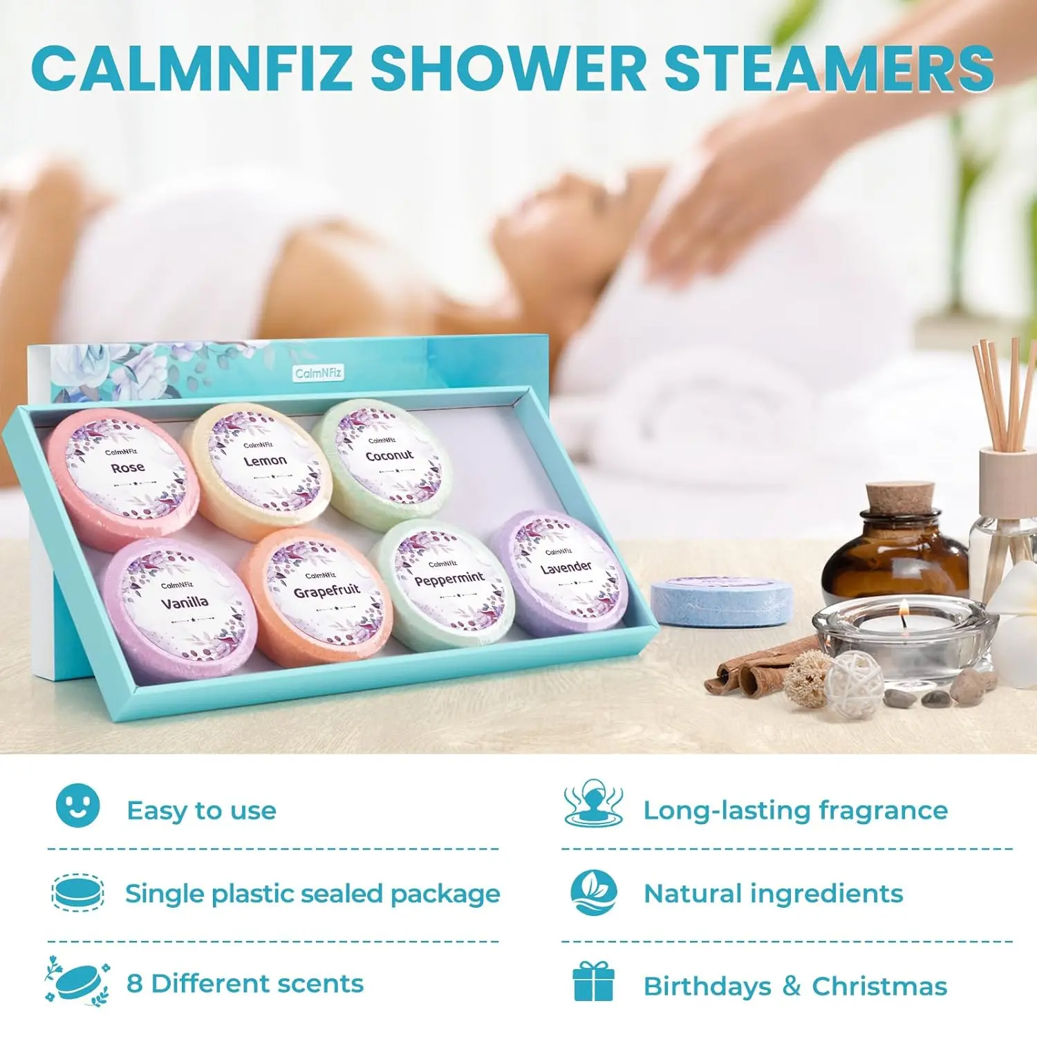Aromatherapy shower steamers gift set provides relaxation with calming fragrances in a beautifully packaged box.