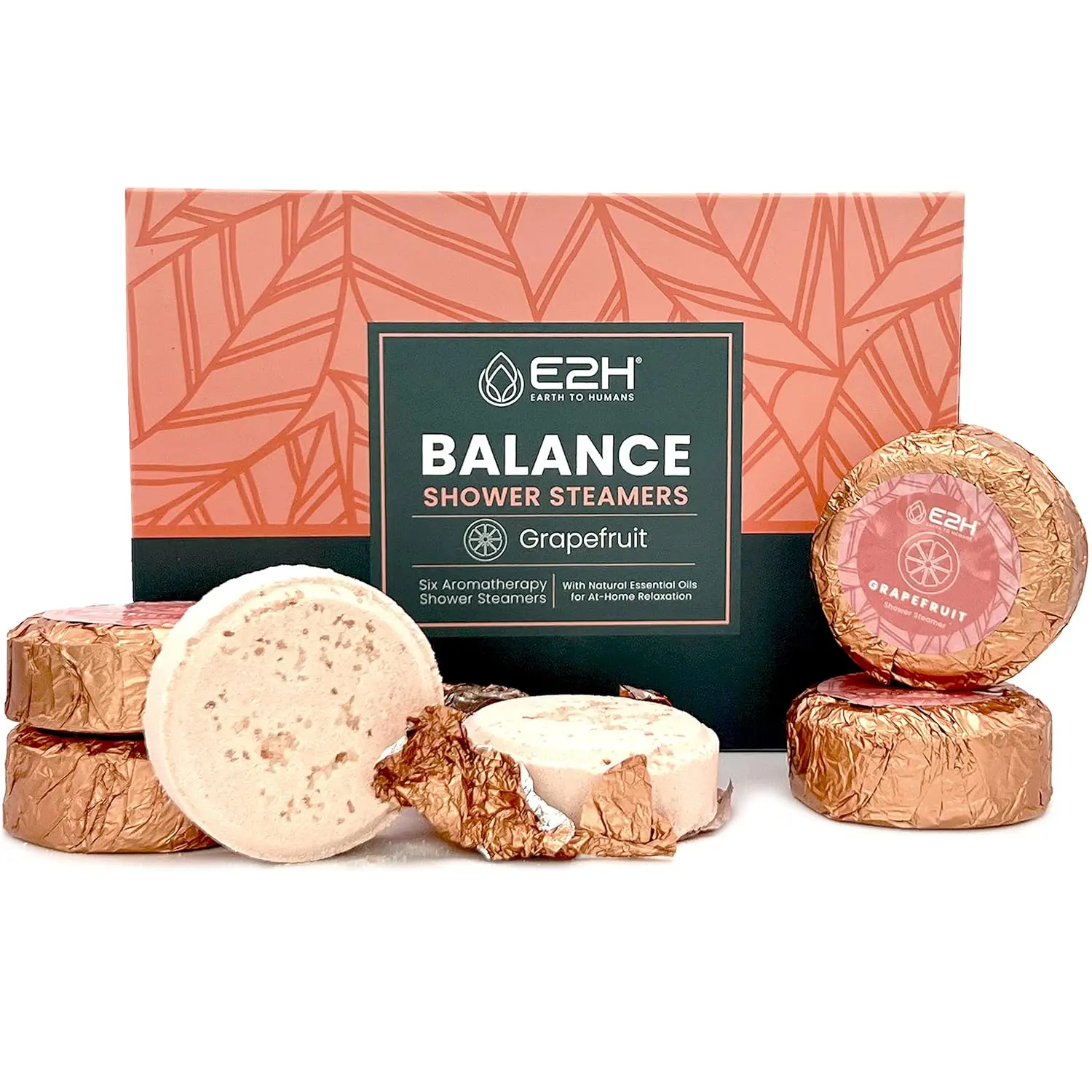 Six grapefruit scented aromatherapy shower steamers tablets for women, designed to relieve stress and balance mood with essential oils.