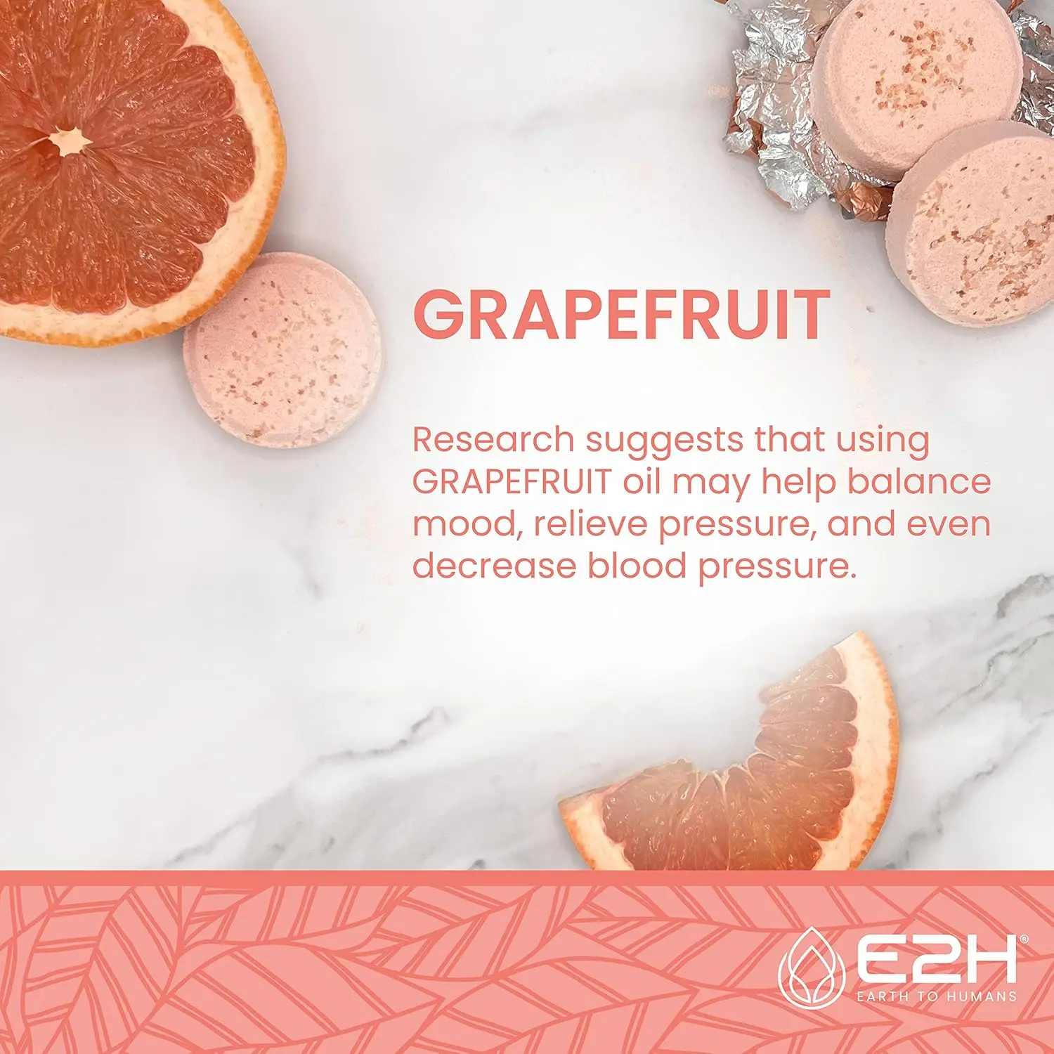 Six grapefruit scented aromatherapy shower steamers tablets for women, designed to relieve stress and balance mood with essential oils.