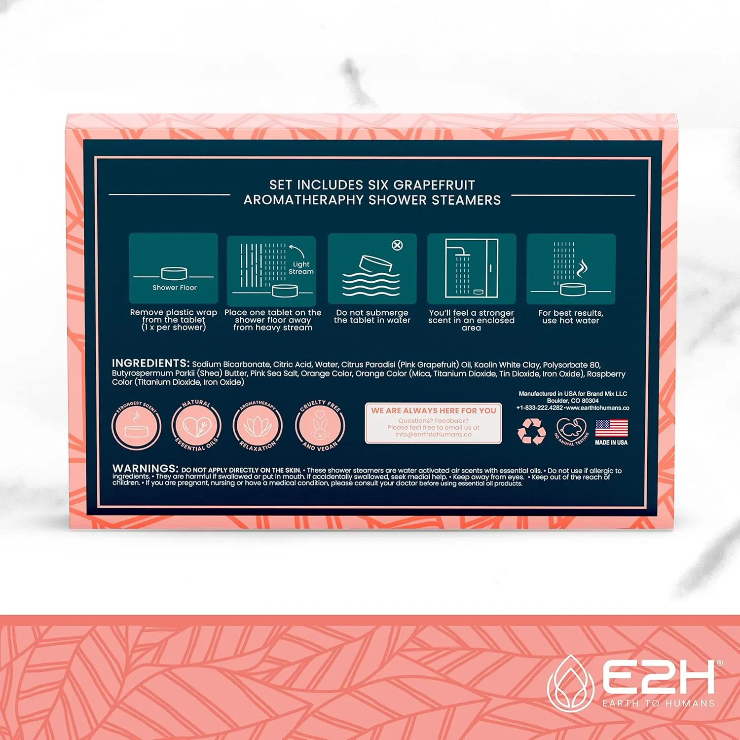 Six grapefruit scented aromatherapy shower steamers tablets for women, designed to relieve stress and balance mood with essential oils.