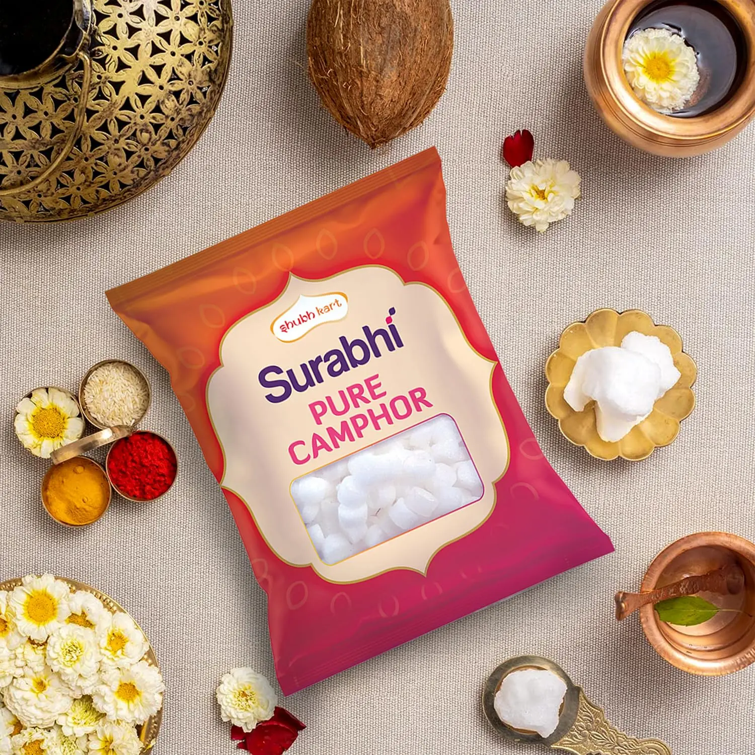 A pouch of Shubhkart Surabhi pure camphor tablets, perfect for creating a refreshing and aromatic atmosphere during puja, meditation, and other religious rituals.