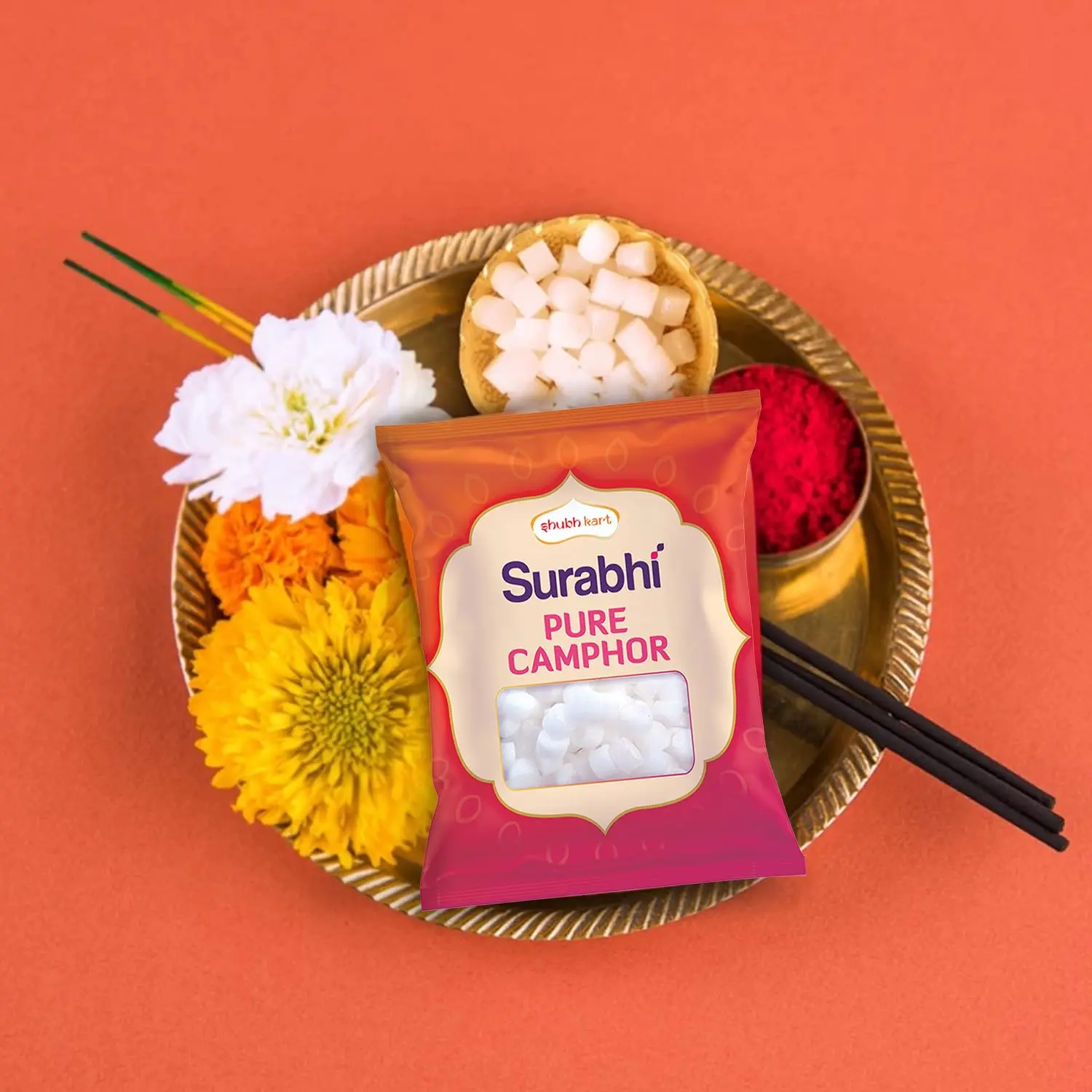 A pouch of Shubhkart Surabhi pure camphor tablets, perfect for creating a refreshing and aromatic atmosphere during puja, meditation, and other religious rituals.