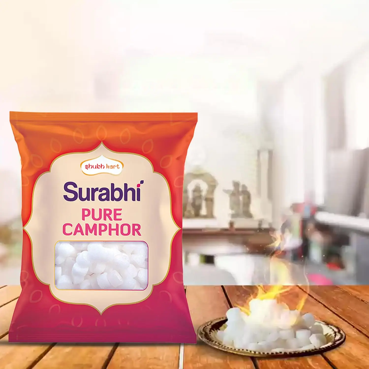 A pouch of Shubhkart Surabhi pure camphor tablets, perfect for creating a refreshing and aromatic atmosphere during puja, meditation, and other religious rituals.
